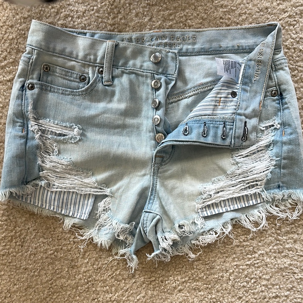 American Eagle Outfitters Blue High-Waisted Distressed Jean Shorts
